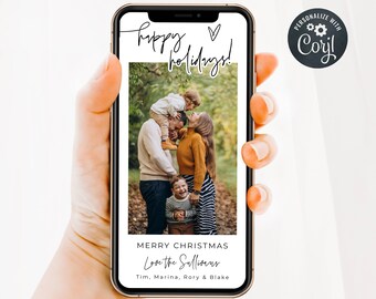 Modern Happy Holidays Electronic Photo Holiday Card Template, Editable Family Photo Digital Christmas Card Text Message, Digital Download
