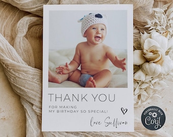 Minimalist Birthday Photo Thank You Card Template, Printable First Birthday Favor Card, Editable Kids Party Thanks, Digital Download, #B2