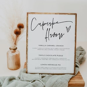 Cupcake Geschmacksrichtungen Zeichen Vorlage, druckbare Hochzeit Cupcake Menü Zeichen, bearbeitbare moderne Braut Baby Dusche Kuchen Bar Zeichen, Sofort Download, #MW4