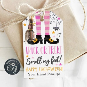 May include: A white gift tag with a witch's legs and shoes, a broom, and a spider. The tag says "Trick or Treat Smell my feet! Happy Halloween! Your friend Penelope".