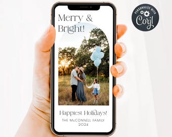 Electronic Boho Arch Photo Holiday Card Template, Editable Modern Photo Digital Christmas Card, Minimal Xmas Text Message, Digital Download