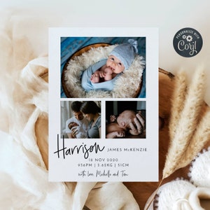 Modèle de faire-part de naissance nouveau-né, photos imprimables faire-part de naissance, cartes de remerciement modernes modifiables pour nouveau-né, téléchargement immédiat