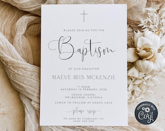 Minimalist Baptism Invitation Template, Printable Modern Boho Christening Invite, Editable Elegant Communion Invite, Digital Download, #MB