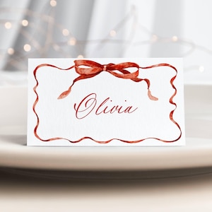 Rot Schleife Weihnachten Platzkarten Vorlage, druckbare rote Schleife Urlaub Name Karten, bearbeitbare elegante Dinner Sitzplatz Karte, Sofort Download, #CH3