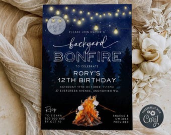 Backyard Bonfire Birthday Invitation Template, Printable S'mores Camp Fire Invite, Editable Kids' BBQ Party Invite, Digital Download, #BO