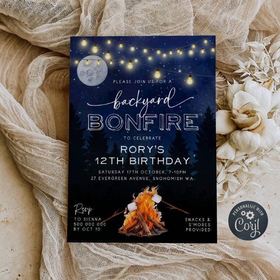 Backyard Bonfire Birthday Invitation Template, Printable S'mores Camp Fire Invite, Editable Kids' BBQ Party Invite, Digital Download, #BO