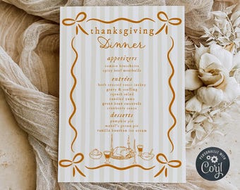 Whimsical Bow Frame Thanksgiving Dinner Menu Template, Printable Hand Drawn Friendsgiving Menu, Editable Fall Menu, Digital Download, #T6