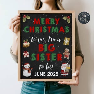 Christmas Big Sister Pregnancy Announcement Template, Printable December Holiday Baby Reveal, Editable Chalkboard Sign, Instant Download