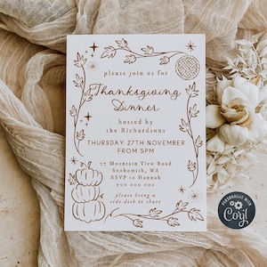 Plantilla de invitación para la cena de Acción de Gracias, invitación imprimible con calabazas originales, invitación bohemia editable para Friendsgiving, descarga digital. imagen 1