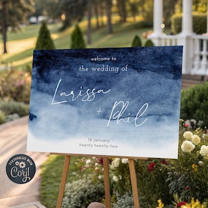 Navy Watercolor Wedding Welcome Sign Template, Printable Dark Blue Ombre Sign, Editable Beach Nautical Wedding Decor, Instant Download, #WC1