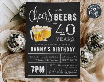 Cheers & Beers Birthday Party Invitation Template, Printable Adult Birthday Invite, Editable Any Age Birthday, 30th 40th, Digital Download