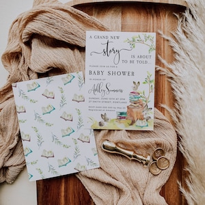 May include: A baby shower invitation with a whimsical woodland theme. The invitation features a watercolor illustration of a squirrel sitting on a stack of books with a leafy background. The text reads "A Grand New Story is About to be Told..." and "Baby Shower in Honor of Ashley Summers".