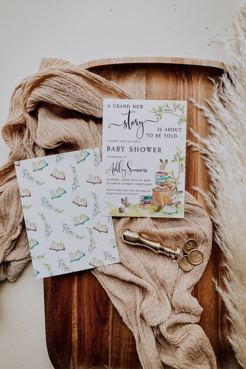 May include: A baby shower invitation with a whimsical woodland theme. The invitation features a watercolor illustration of a squirrel sitting on a stack of books with a leafy background. The text reads "A Grand New Story is About to be Told..." and "Baby Shower in Honor of Ashley Summers".