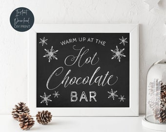 Printable Hot Chocolate Bar Sign, Warm Up At The Hot Chocolate Bar, Chalkboard Sign, Winter Wedding, Christmas Party, Instant Download