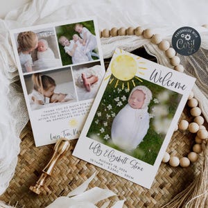 Modèle de faire-part de naissance soleil, cartes de naissance photo imprimables, faire-part de naissance soleil minimaliste modifiable, téléchargement immédiat, #S1