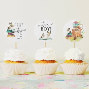 Storybook Baby Shower Cupcake Toppers, Printable Book Themed Baby Shower Cupcake Picks, Editable Bunny Cake Toppers, Instant Download, #BT