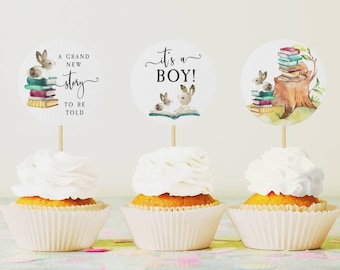 Decorazioni per cupcake a tema libro per baby shower, decorazioni stampabili per cupcake a tema libro, decorazioni per torte con coniglietti modificabili, download digitale, #BT