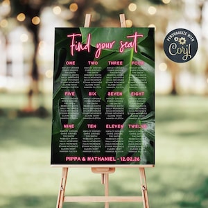 Neon Tropical Seating Chart Template, Printable Beach Destination Wedding Seating Plan, Editable Greenery Table Chart, Instant Download, #TW