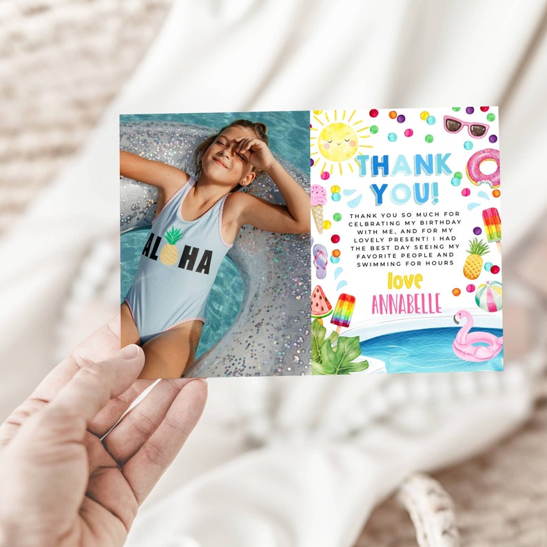 Pool Party Birthday Photo Thank You Card Template Printable - Etsy