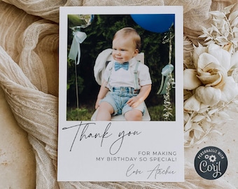 Birthday Photo Thank You Card Template, Printable First Birthday Favor Card, Editable Any Age Kids Party Thanks, Digital Download, #B1