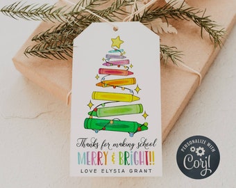 Thanks For Making School Merry & Bright Christmas Gift Tag Template, Printable Caryon Holiday Favor Tag, Editable Kids Tag, Instant Download