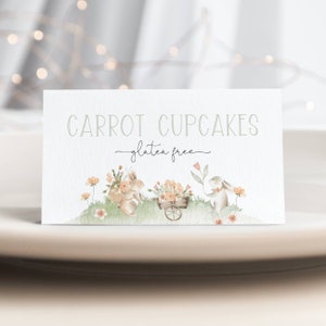Modèle d'étiquette de nourriture lapins de Pâques, cartes tente buffet imprimables, déco brunch de Pâques, marque-places floraux modifiables, téléchargement immédiat, #EFB