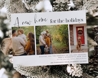 May include: A rectangular holiday greeting card featuring the text A new home for the holidays, three photographs of a family and a dog, and the printed text WISHING YOU THE HAPPIEST OF HOLIDAY SEASONS AND A WONDERFUL NEW YEAR, Phillip, Melissa, Asher, Rory & Rufus, 282 EVERGREEN DRIVE, DURANGO, CO 81301.