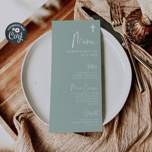 Modelo de menu de batismo Sage Green, menu de mesa de batizado para impressão, cartões de menu editáveis, menu de batismo de menino moderno, download instantâneo, #SGB