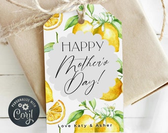 Lemons Mother's Day Gift Tag Template, Printable Mothers Day Favor Tag, Editable Citrus Personalized Present Tag For Mom, Instant Download
