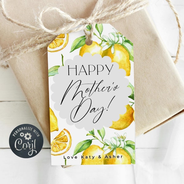 Lemons Mother's Day Gift Tag Template, Printable Mothers Day Favor Tag, Editable Citrus Personalized Present Tag For Mom, Instant Download