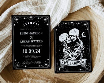 Plantilla de invitación de boda con cartas del tarot, invitación de boda gótica de Halloween imprimible, invitación editable de esqueleto para amantes, descarga digital #H9