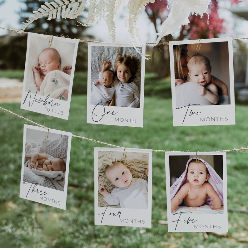 First Birthday Photo Banner Template, Editable Baby's 1st Year Monthly Milestone Cards, Printable Modern Photo Garland, Instant Download B1 imagem 1