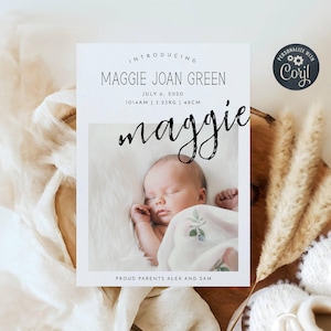 Modèle modifiable de faire-part de naissance, faire-part de nouveau-né imprimable, simple photo minimaliste avec nom, carte de naissance, téléchargement immédiat