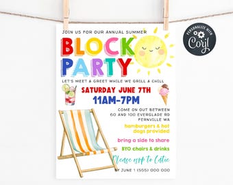Summer Block Party Flyer Template, Printable Neighborhood Meet Up Invitation, Editable Street Party BBQ Invite, Digital Download