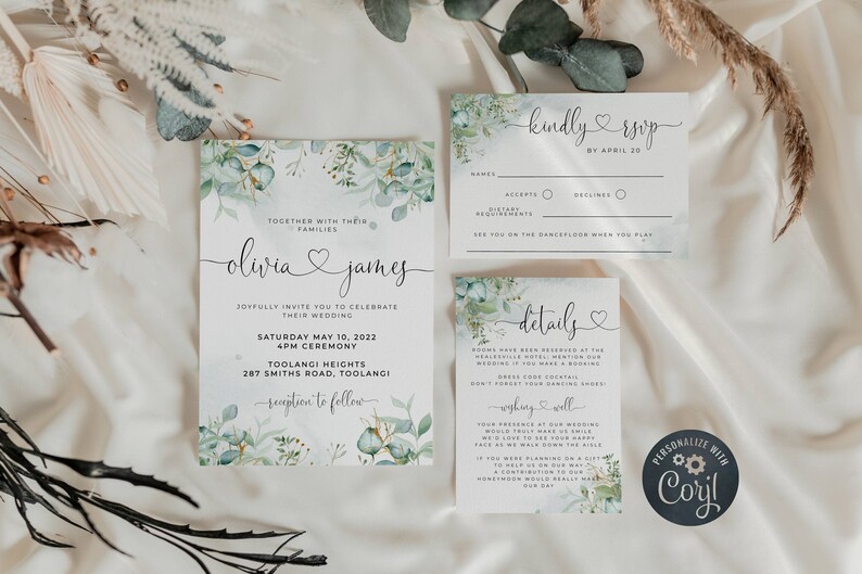 Greenery /& Gold Hearts Wedding Invitation Suite Template Printable Heart Font Invite Set Instant Download #EHF Eucalyptus RSVP Details