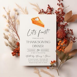 Thanksgiving Dinner Kürbiskuchen Einladung Vorlage, druckbare minimale Friendsgiving einladen, bearbeitbare Dinner Party einladen, digitaler Download Bild 4
