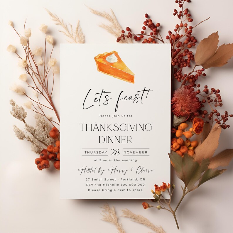 Thanksgiving Dinner Kürbiskuchen Einladung Vorlage, druckbare minimale Friendsgiving einladen, bearbeitbare Dinner Party einladen, digitaler Download Bild 4