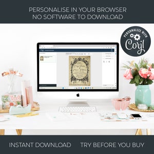 Puede incluir: Una pantalla de ordenador que muestra un sitio web con un dise&ntilde;o de invitaci&oacute;n de boda g&oacute;tica. El sitio web se llama "Corjl" y permite a los usuarios personalizar la invitaci&oacute;n en su navegador. El texto de la invitaci&oacute;n dice "Emily Jenkins & Daniel Williams".