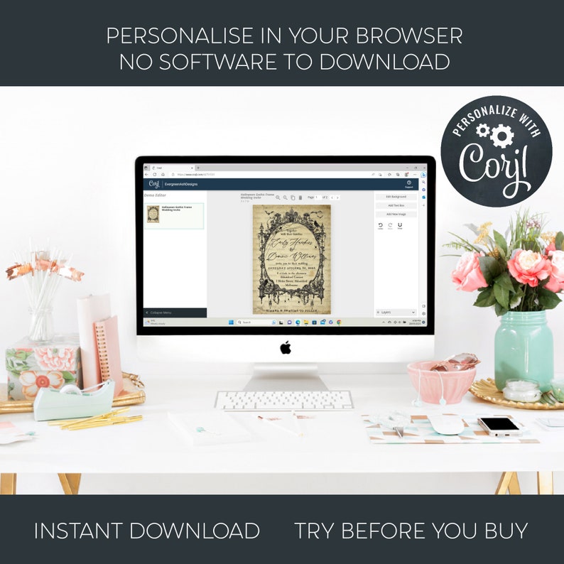 Puede incluir: Una pantalla de ordenador que muestra un sitio web con un dise&ntilde;o de invitaci&oacute;n de boda g&oacute;tica. El sitio web se llama "Corjl" y permite a los usuarios personalizar la invitaci&oacute;n en su navegador. El texto de la invitaci&oacute;n dice "Emily Jenkins & Daniel Williams".