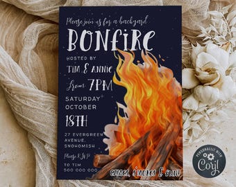 Fall Backyard Bonfire Invitation Template, Printable Harvest Campfire Invite, Editable Autumn Bonfire Birthday Invite, Digital Download, #FB