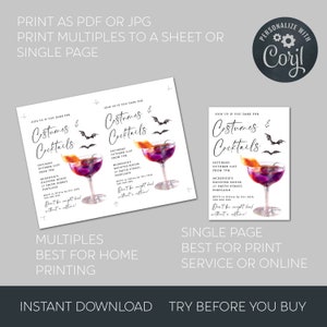 K&ouml;nnte beinhalten: Druckbare Halloween-Partyeinladung mit einer Schwarz-Wei&szlig;-Illustration einer Fledermaus und einer Aquarell-Illustration eines violetten Cocktails mit einer Orangenscheibe. Der Text auf der Einladung lautet "Join us if you dare for Costumes & Cocktails".
