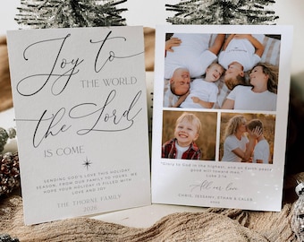 May include: A two-sided holiday greeting card featuring the text Joy to the World the Lord is Come, a family message, and the Thorne family name. The reverse side displays three family photographs, the text Glory to God, and family names.