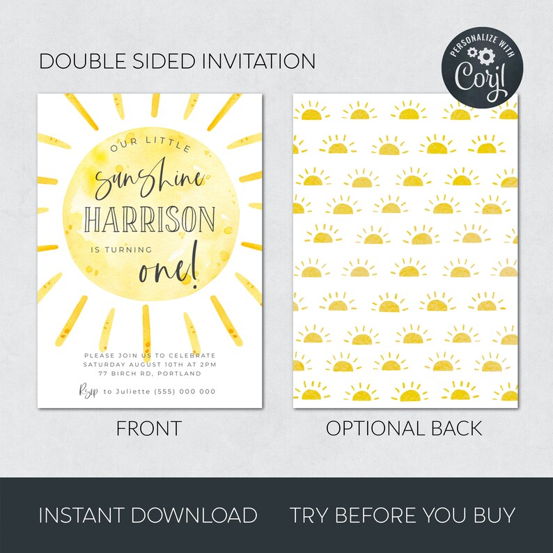May include: A yellow and white printable invitation for a first birthday party. The front of the invitation features a sun with the text "Our Little Sunshine Harrison is turning one!" The back of the invitation features a pattern of yellow suns.