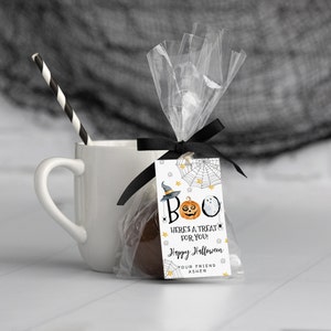 May include: A white gift tag with a black and orange pumpkin, a witch's hat, and a ghost. The tag says "BOO! Here's a treat for you! Happy Halloween. Your friend Asher."