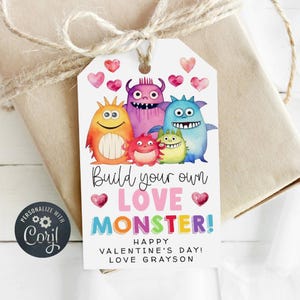 Bauen Sie Ihre eigene Monster Valentinstag Geschenkanhänger Vorlage, druckbare Liebe Monster Valentinstag Valentinstag Tags, bearbeitbare Schulklasse Tag, sofortiger Download
