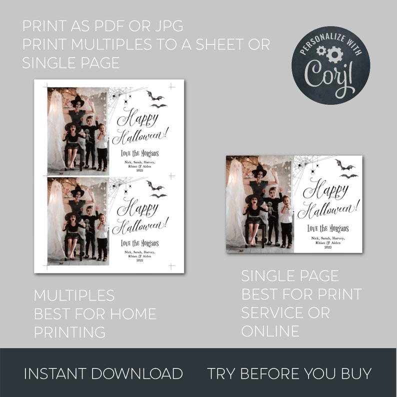 May include: A digital Halloween greeting card template featuring a family photo, spiderwebs, bats, and the text Happy Halloween! Love the Morgans, Nick, Sarah, Harvey, Rhian & Aiden 2022. Includes options for printing multiples or a single page.