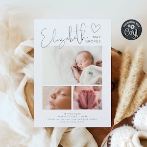 Modèle de faire-part de naissance coeur simple, carte de faire-part de naissance photo imprimable pour nouveau-né, merci minimaliste pour bébé, téléchargement immédiat