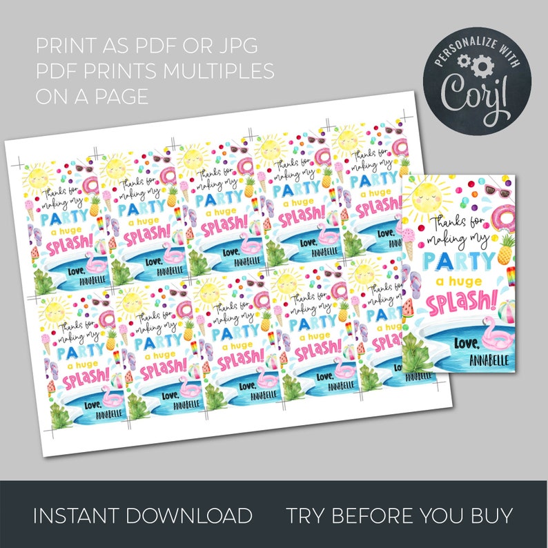 Pool Party Favor Tag Template Printable Summer Birthday Thank - Etsy