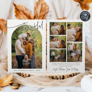 Thanksgiving foto kerstkaartsjabloon, afdrukbare moderne minimalistische boog Thankful Card, bewerkbare herfstwenskaart, direct downloaden
