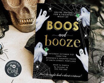 Boos & Booze Halloween Party Invitation Template, Printable Adult Halloween Invite, Editable Ghosts Costume Party Invite, Digital Download